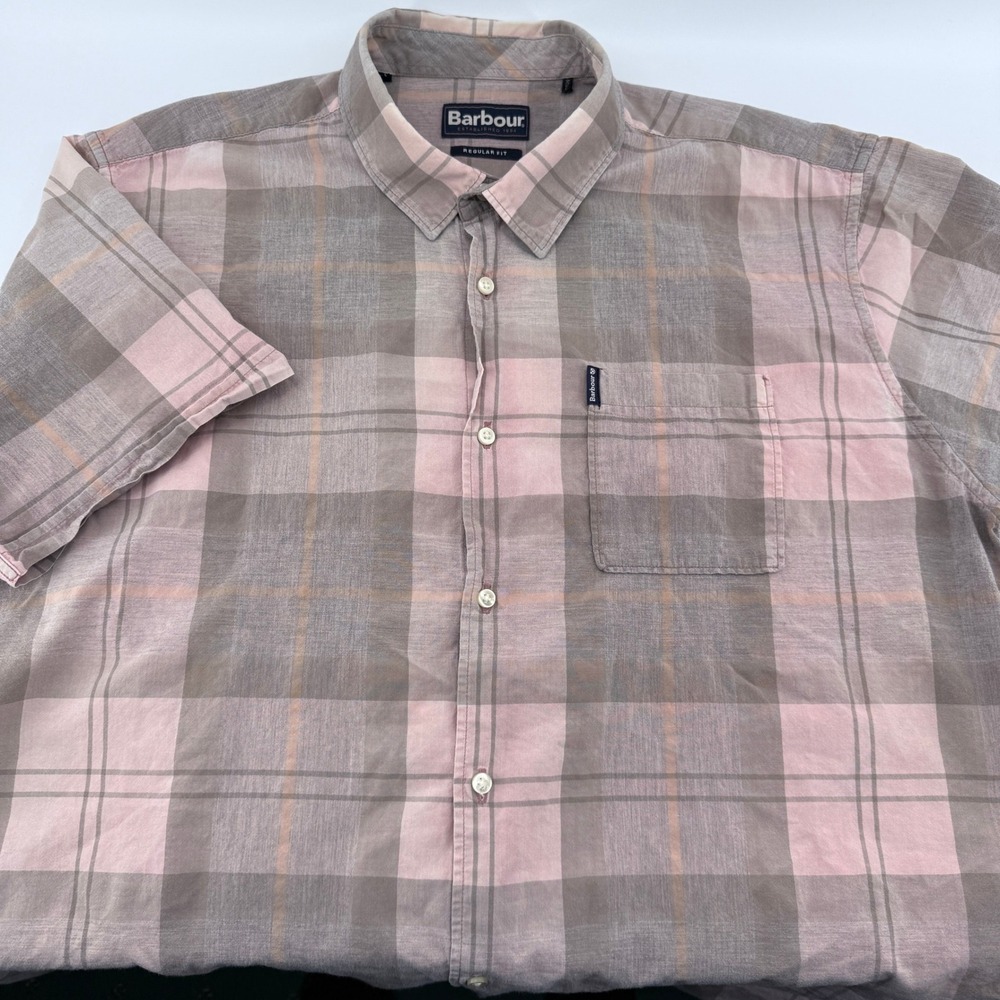 Barbour Shirt Mens L Short Sleeve Plaid‎ Regular Fit Pink Gray Comfortable